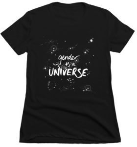 Black tshirt with "gender is a UNIVERSE" design with starfield